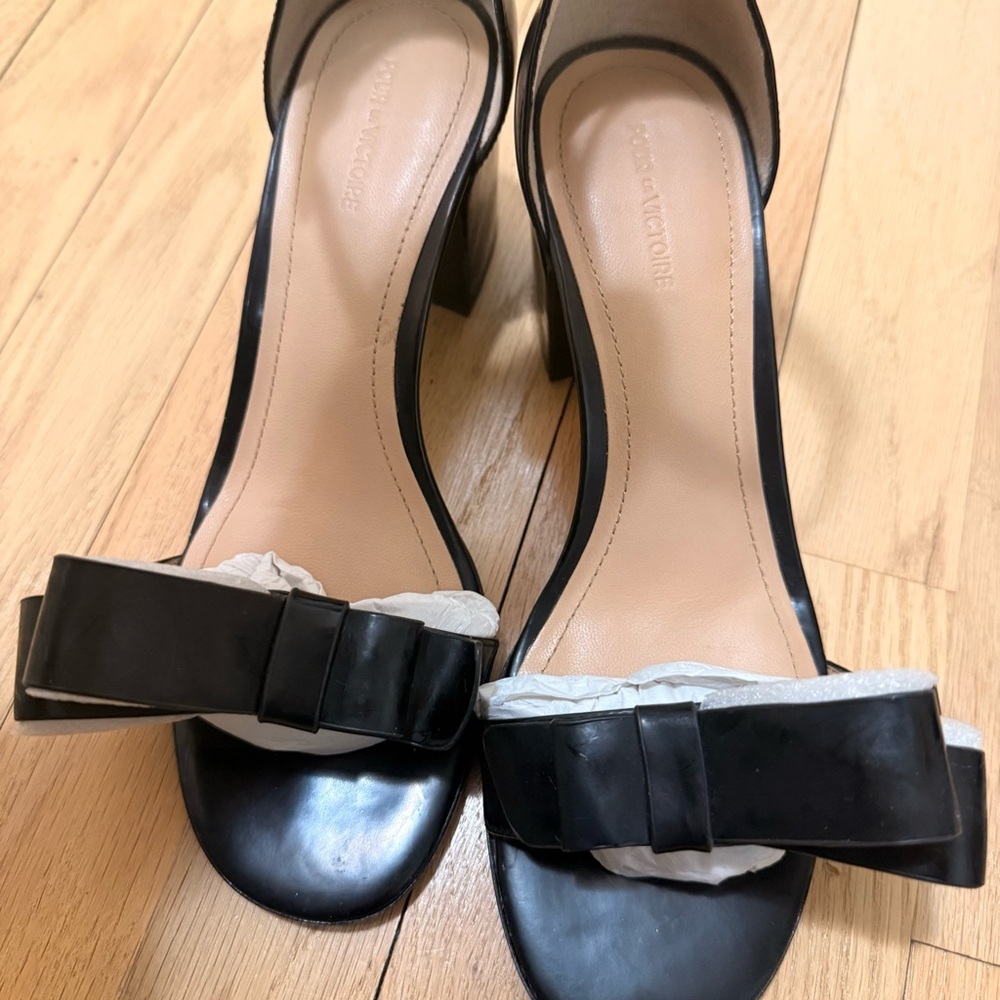 Pour La Victoire Aimee Black Leather Dress Block Heel Sandals Size 7.5 - Picture 5 of 9